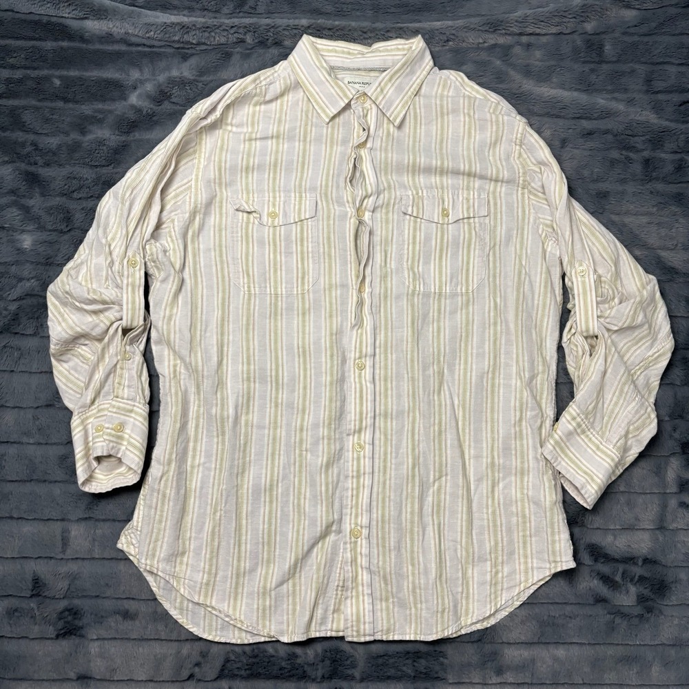Banana Republic Striped Linen Cotton Roll Tab Sleeve Shirt XL Beige Green 8522